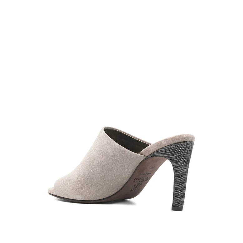 grey peep toe open back shoes by Selfnex
