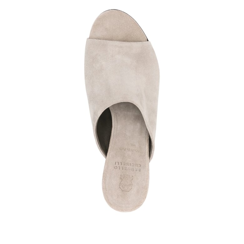 grey peep toe open back shoes by Selfnex