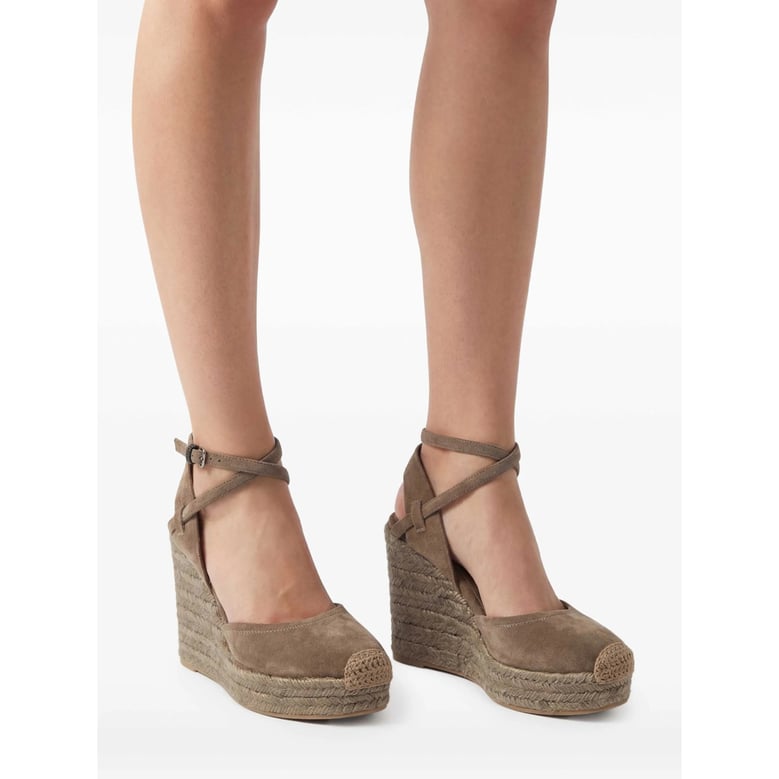 brown wedge heel ankle strap shoes by Selfnex