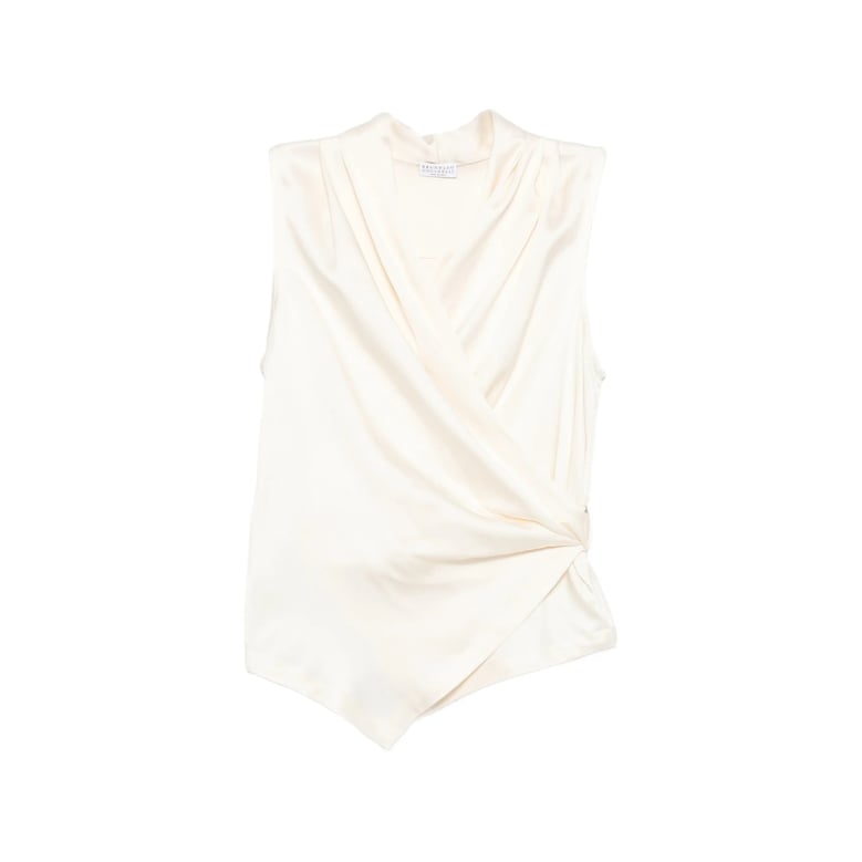draped effect cream sleeveless top by Selfnex