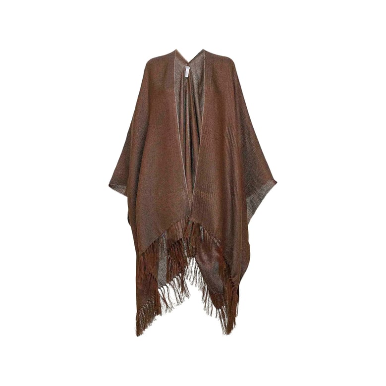 brown fringed hem open front cape by Selfnex
