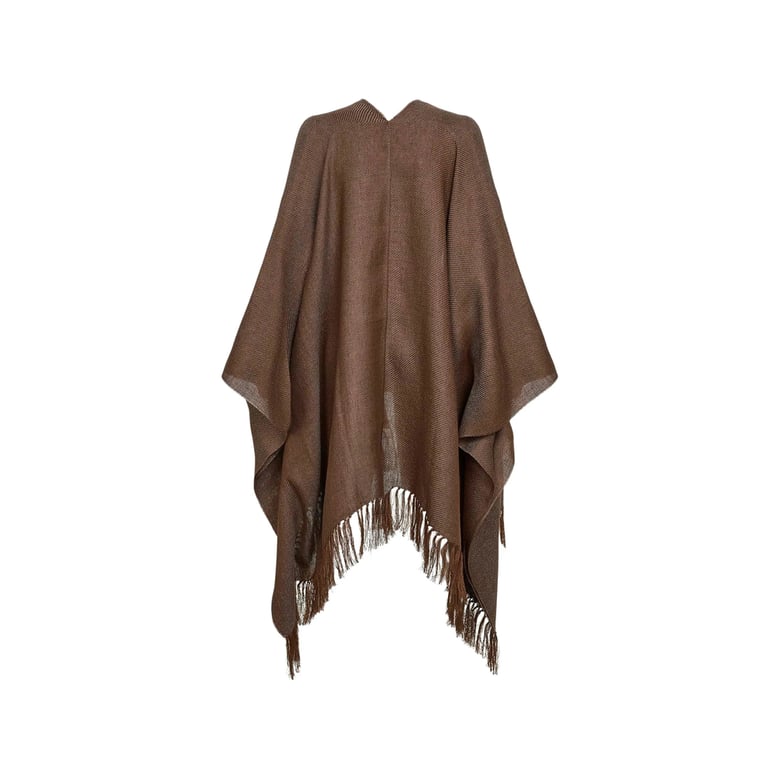 brown fringed hem open front cape by Selfnex