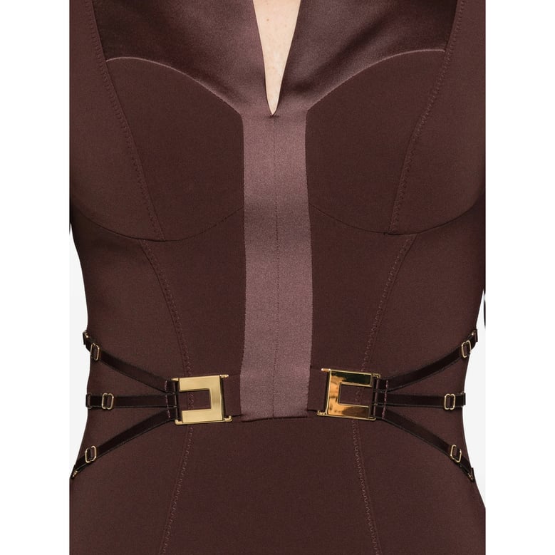 cocoa v-neck dress with logo detail by Selfnex