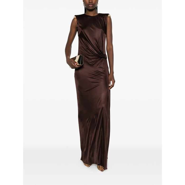 brown open back dress with knot detail by Selfnex