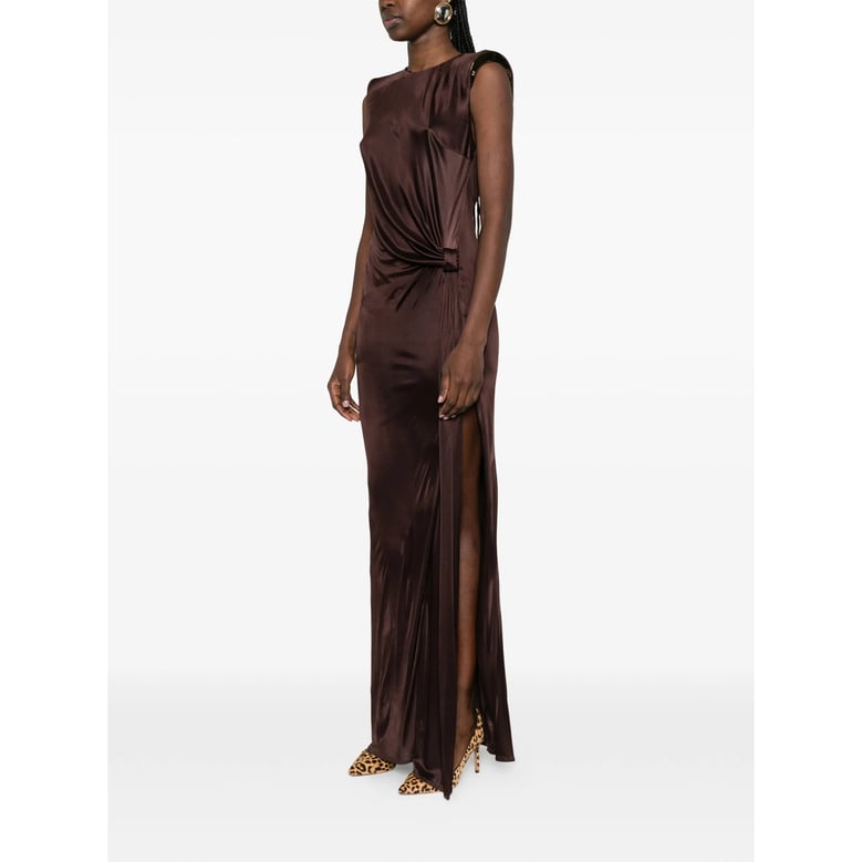 brown open back dress with knot detail by Selfnex