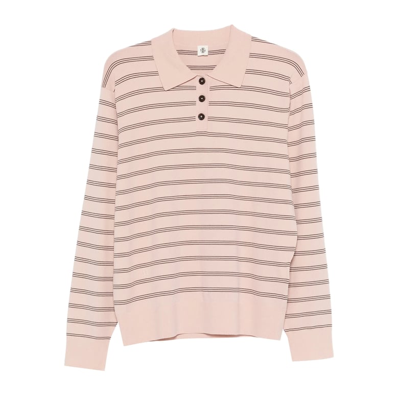 light pink striped sweater with button placket by Selfnex