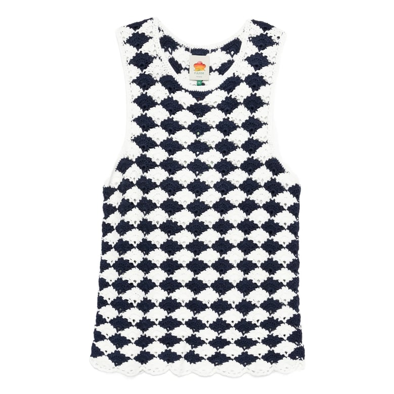 blue and white patterned sleeveless top by Selfnex