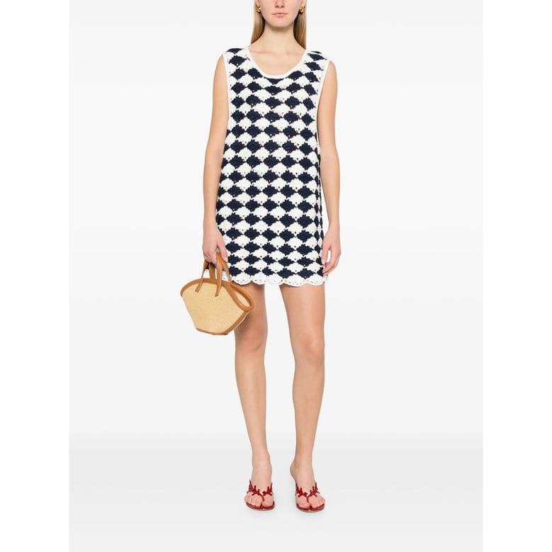 blue and white patterned sleeveless top by Selfnex