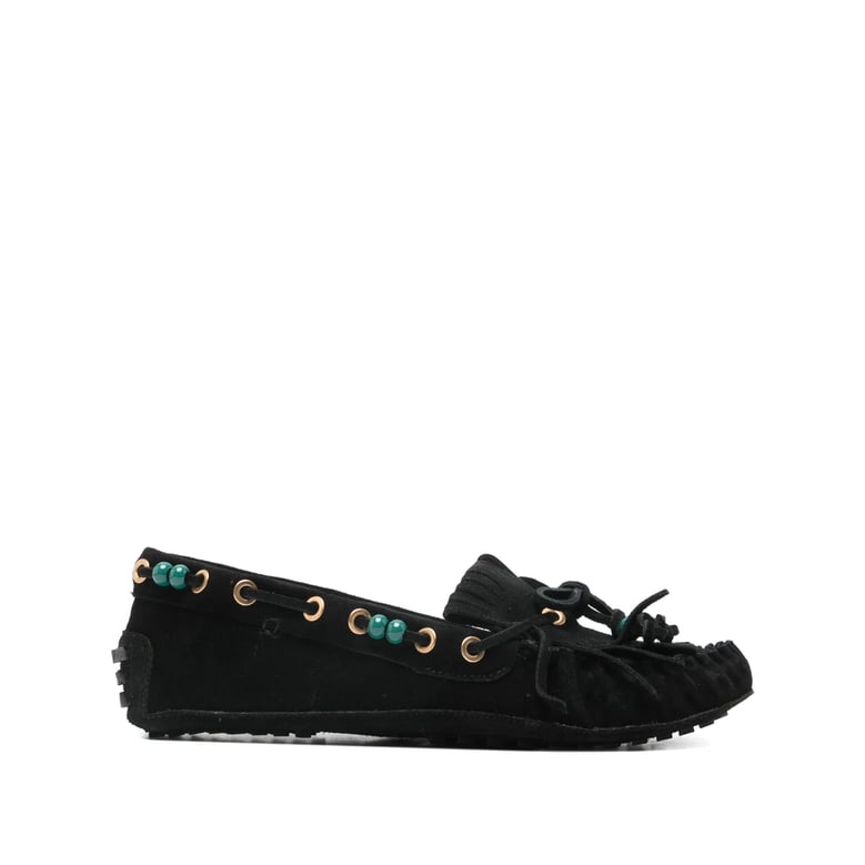 black slip-on fringe shoes by Selfnex