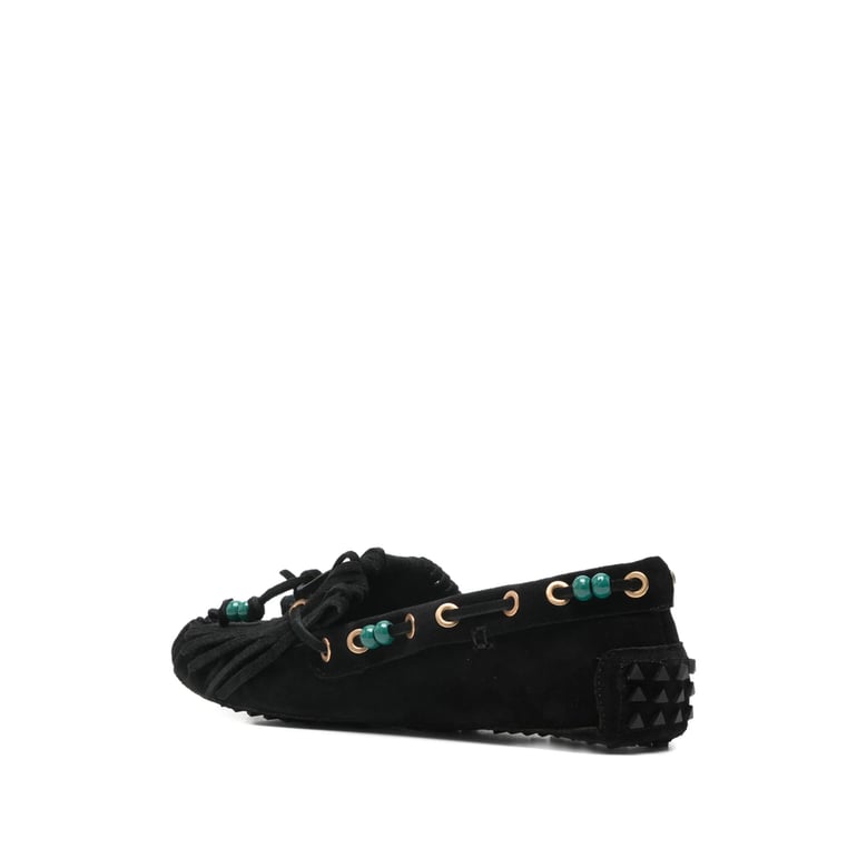 black slip-on fringe shoes by Selfnex
