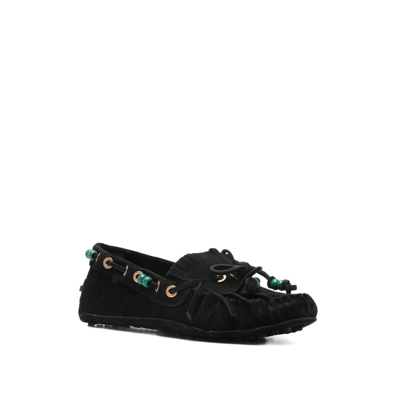 black slip-on fringe shoes by Selfnex