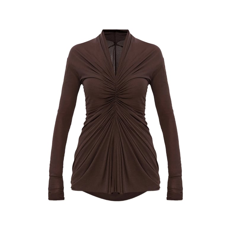 brown draped detail v-neck t-shirt by Selfnex