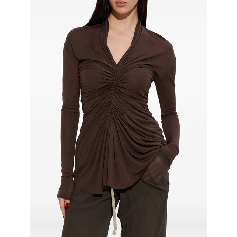 brown draped detail v-neck t-shirt by Selfnex