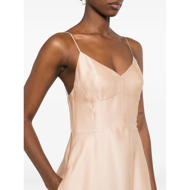 beige a-line dress with v-neck by Selfnex