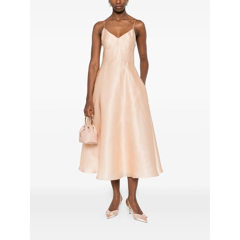 beige a-line dress with v-neck by Selfnex