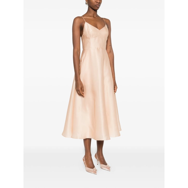 beige a-line dress with v-neck by Selfnex