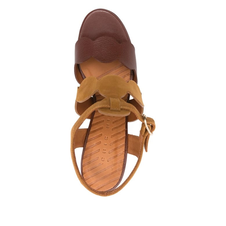 brown scalloped edge block heel ankle strap shoes by Selfnex