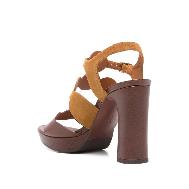 brown scalloped edge block heel ankle strap shoes by Selfnex