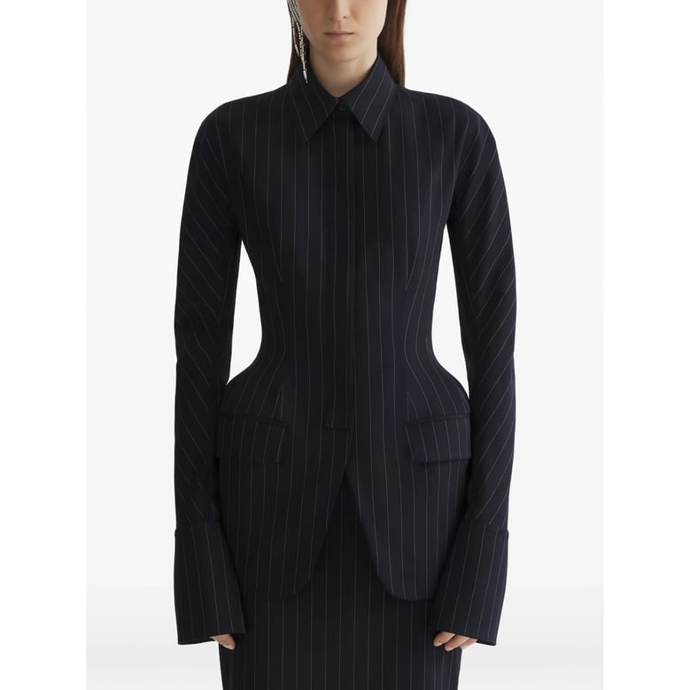 navy blue pinstripe tailored jacket by Selfnex