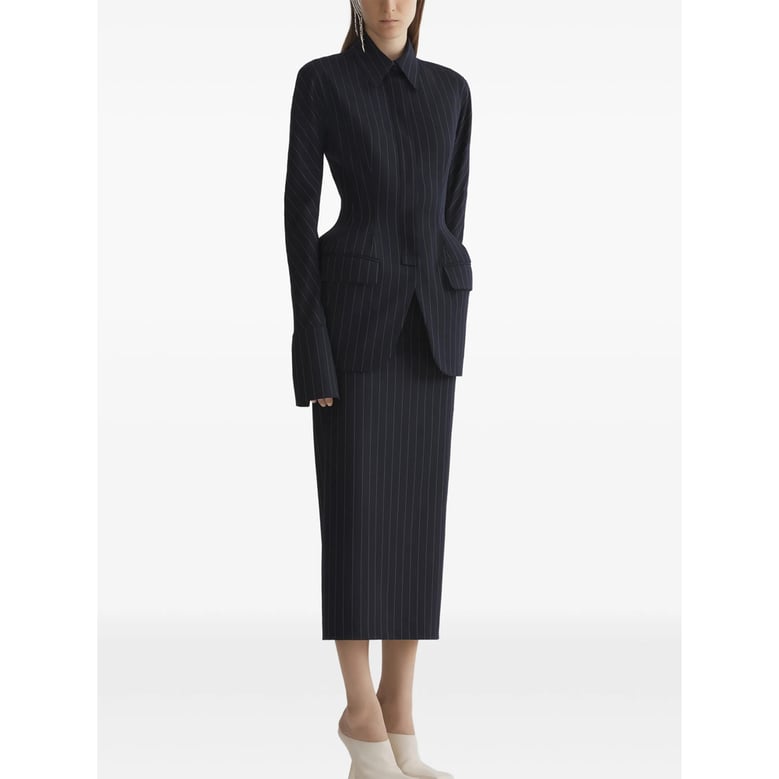 navy blue pinstripe tailored jacket by Selfnex