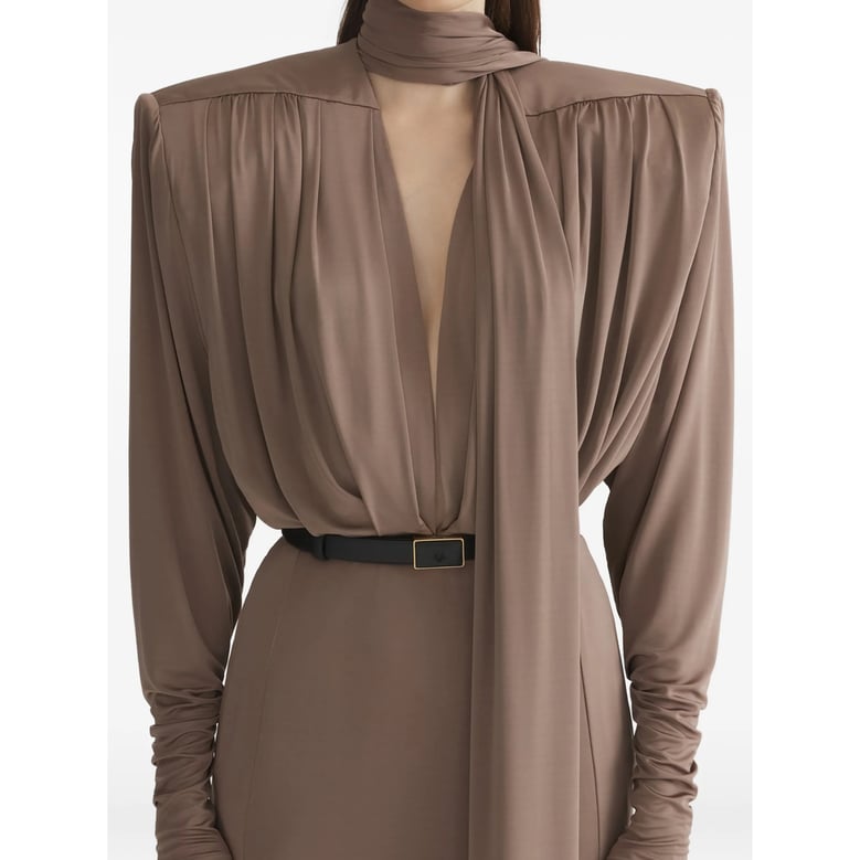 dress with draped detailing and open back by Selfnex
