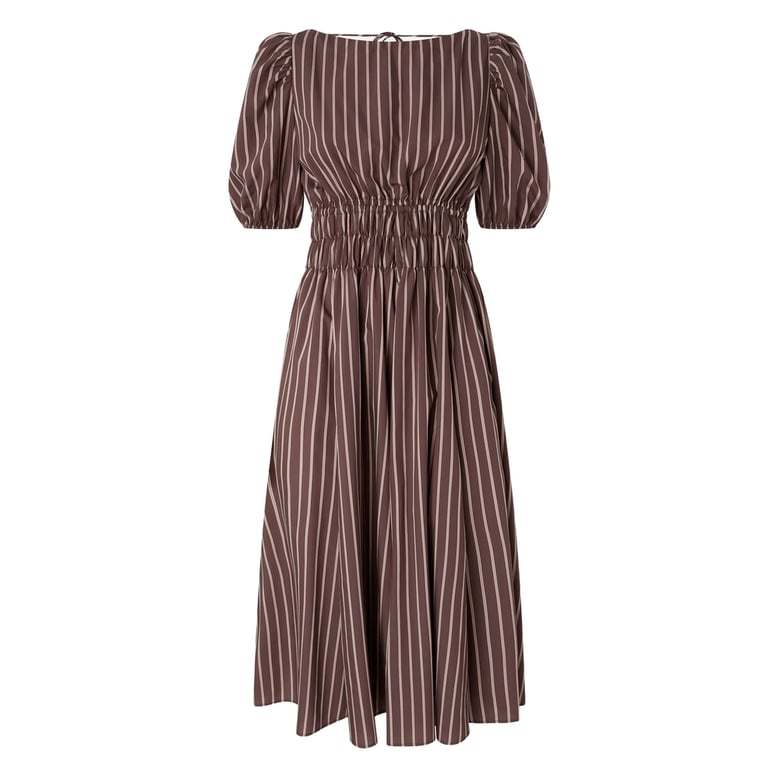 brown striped dress with puff sleeves by Selfnex