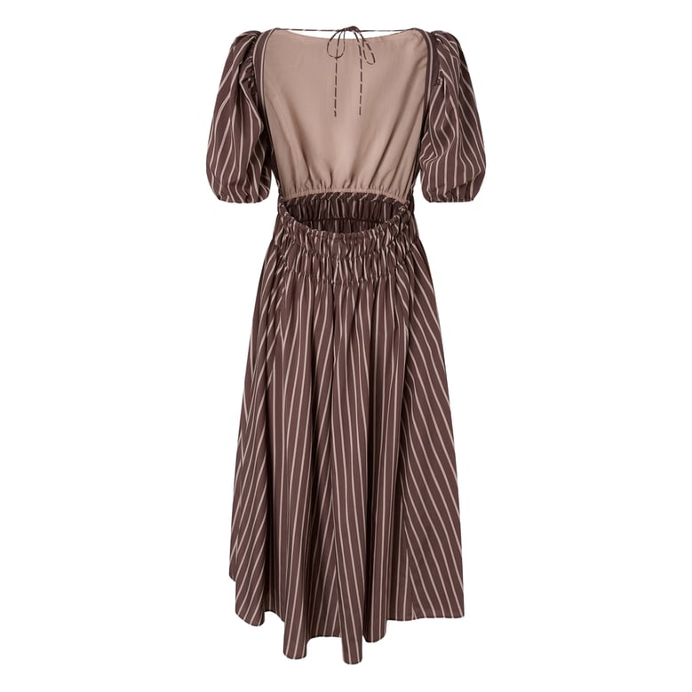brown striped dress with puff sleeves by Selfnex
