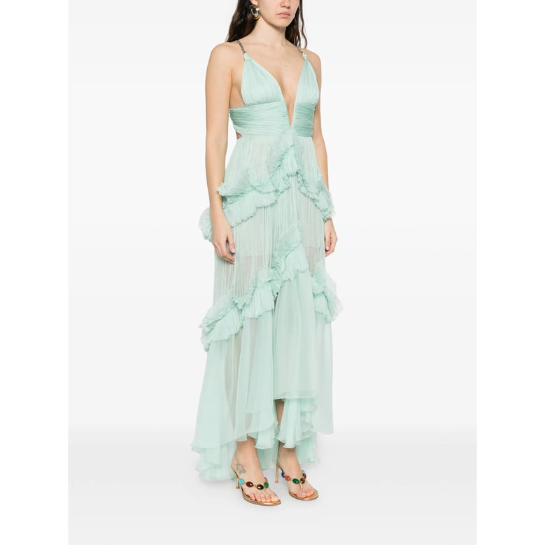 v-neck ruffled tier dress by Selfnex