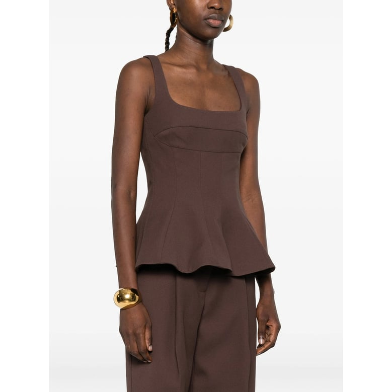 brown square neck flared hem top by Selfnex