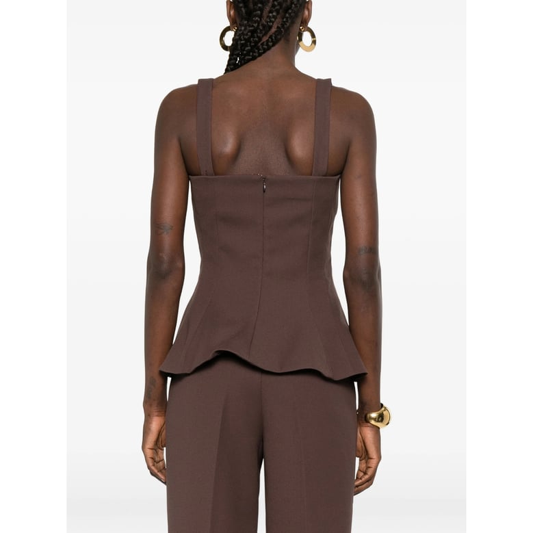 brown square neck flared hem top by Selfnex