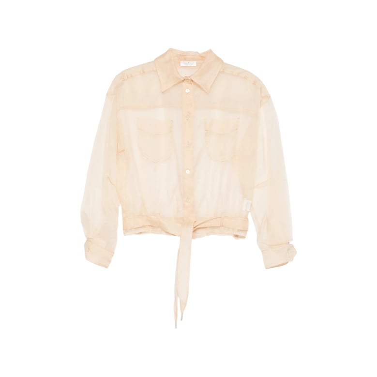 beige sheer button-down shirt by Selfnex