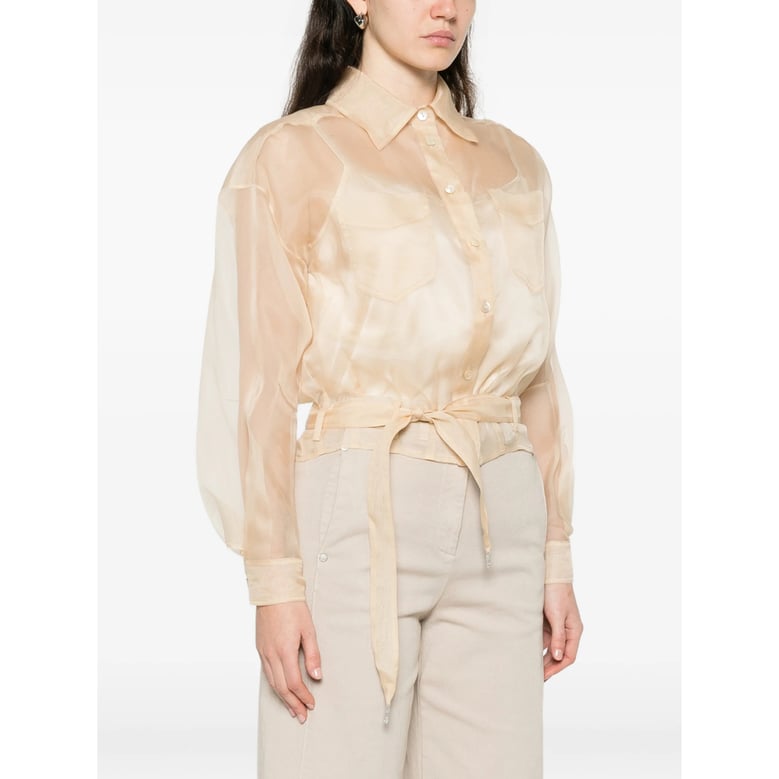 beige sheer button-down shirt by Selfnex