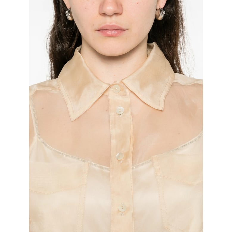 beige sheer button-down shirt by Selfnex