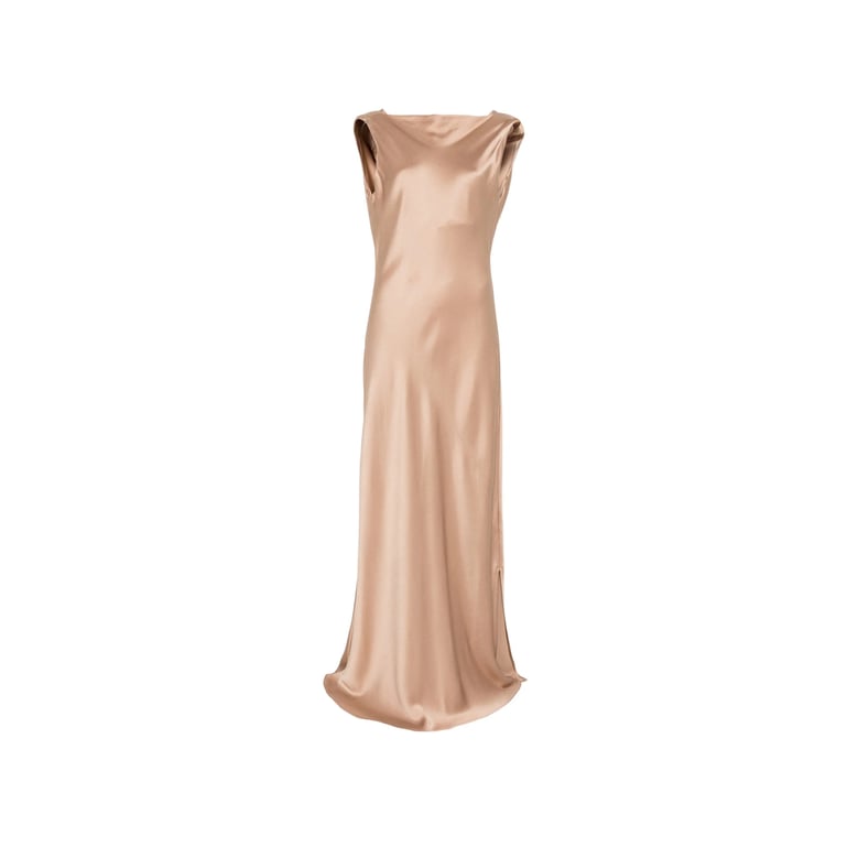 beige sleeveless dress with side slit by Selfnex