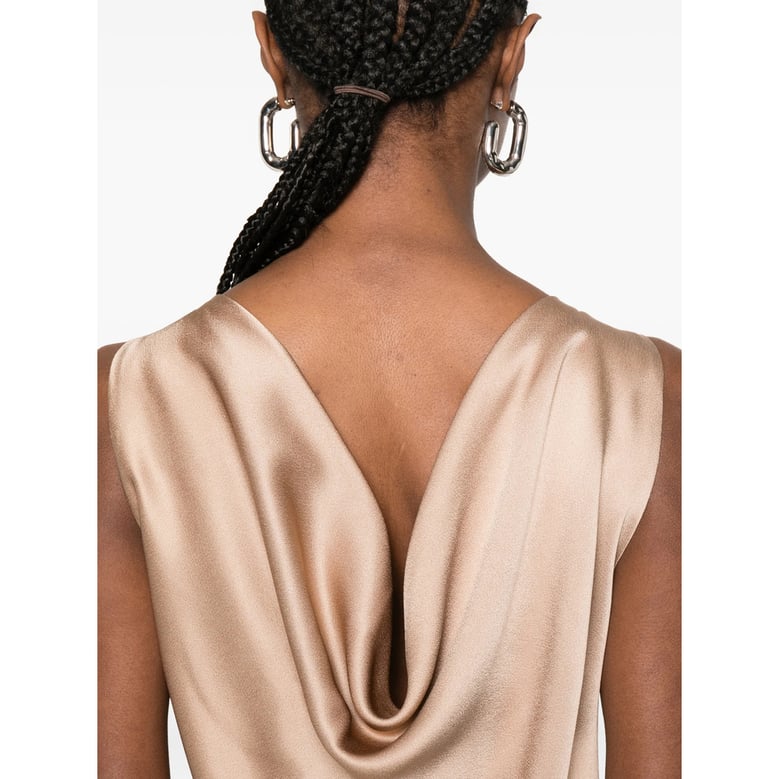beige sleeveless dress with side slit by Selfnex