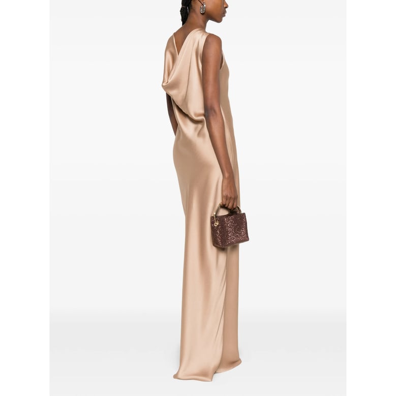 beige sleeveless dress with side slit by Selfnex