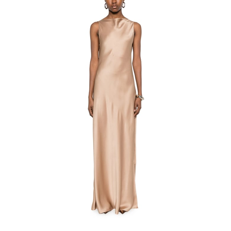 beige sleeveless dress with side slit by Selfnex