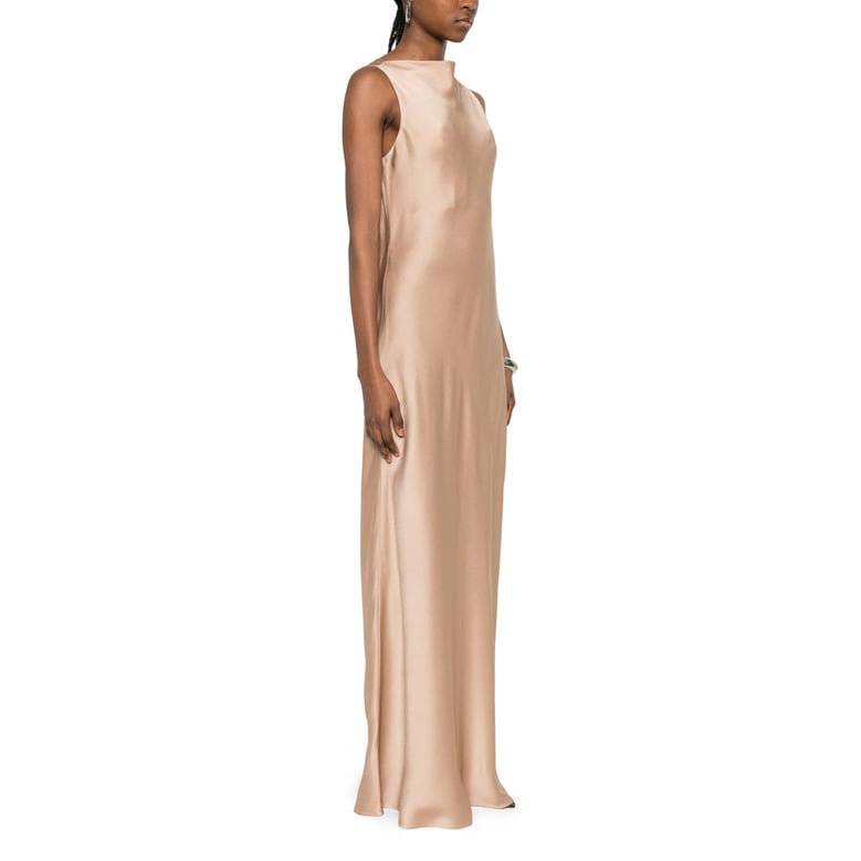 beige sleeveless dress with side slit by Selfnex