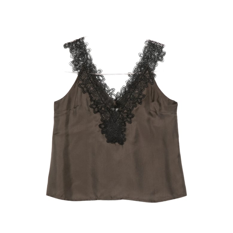 brown v-neck lace trim silk top by Selfnex