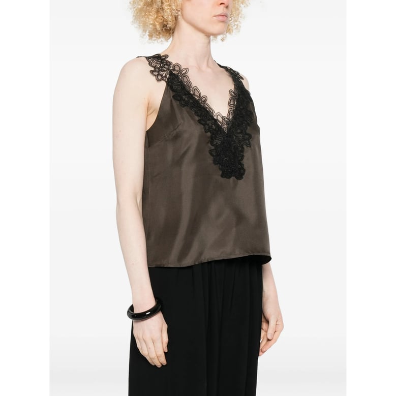 brown v-neck lace trim silk top by Selfnex