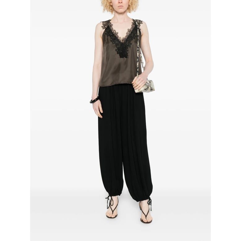 brown v-neck lace trim silk top by Selfnex