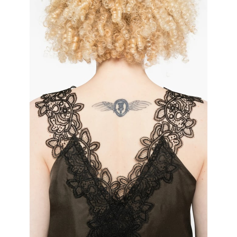 brown v-neck lace trim silk top by Selfnex