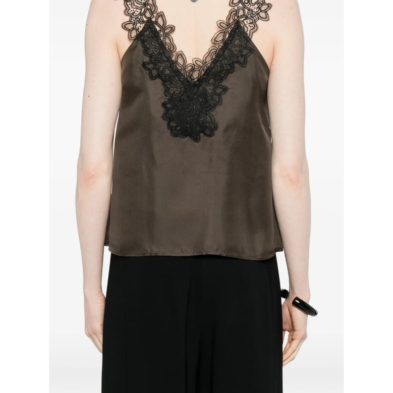 brown v-neck lace trim silk top by Selfnex