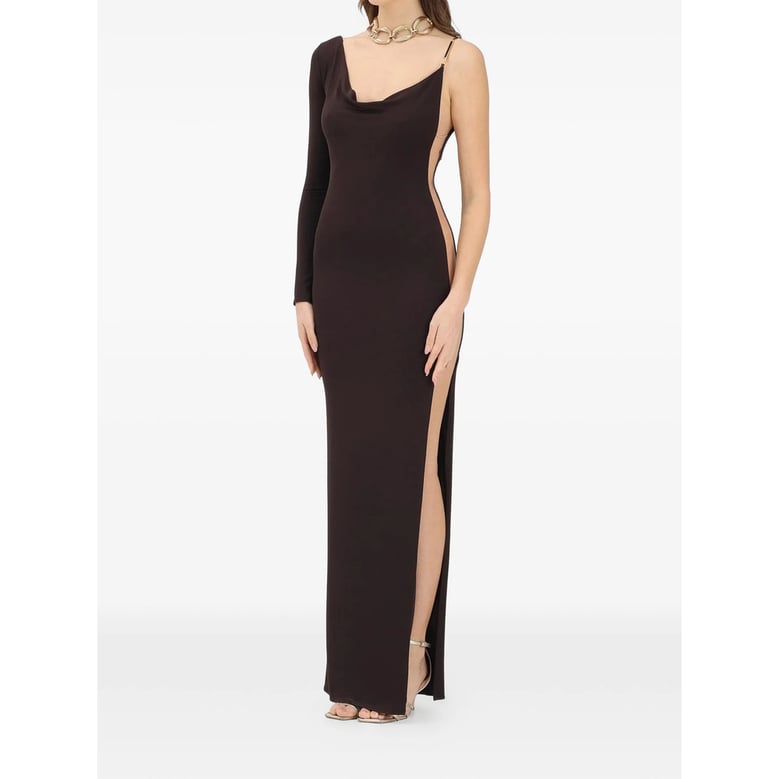 one-shoulder maxi dress dark brown silk by Selfnex