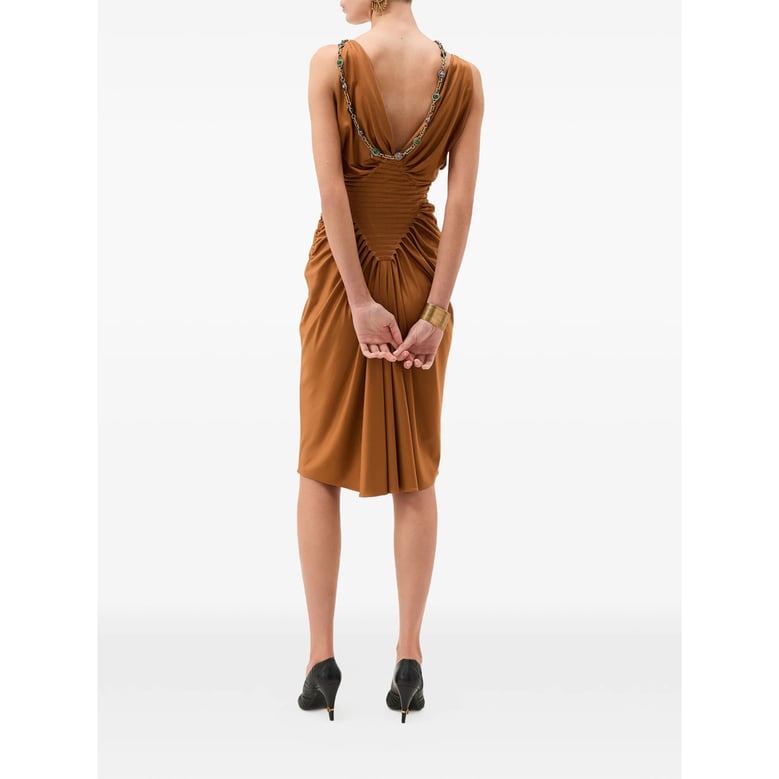 gathered v-neck dress brown by Selfnex