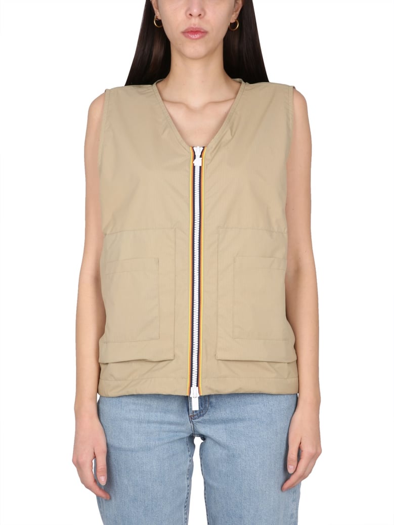 beige v-neck vest with zipper closure by Selfnex