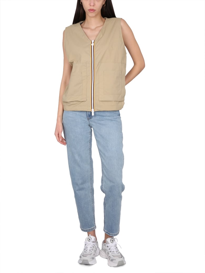beige v-neck vest with zipper closure by Selfnex