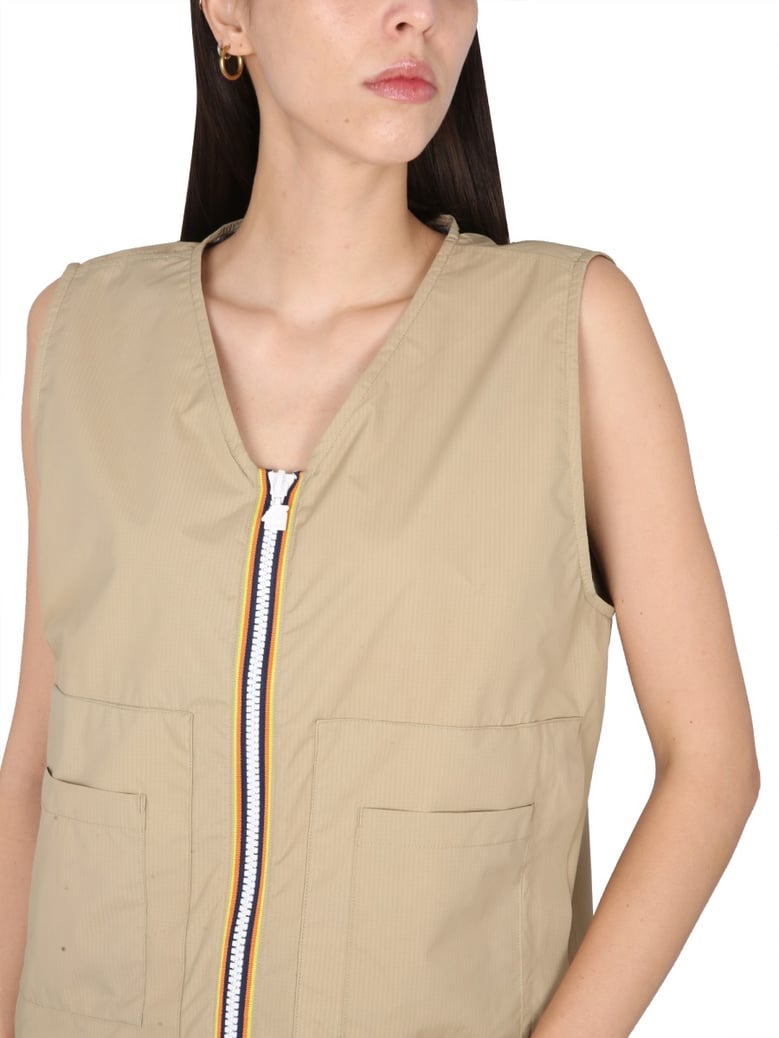 beige v-neck vest with zipper closure by Selfnex