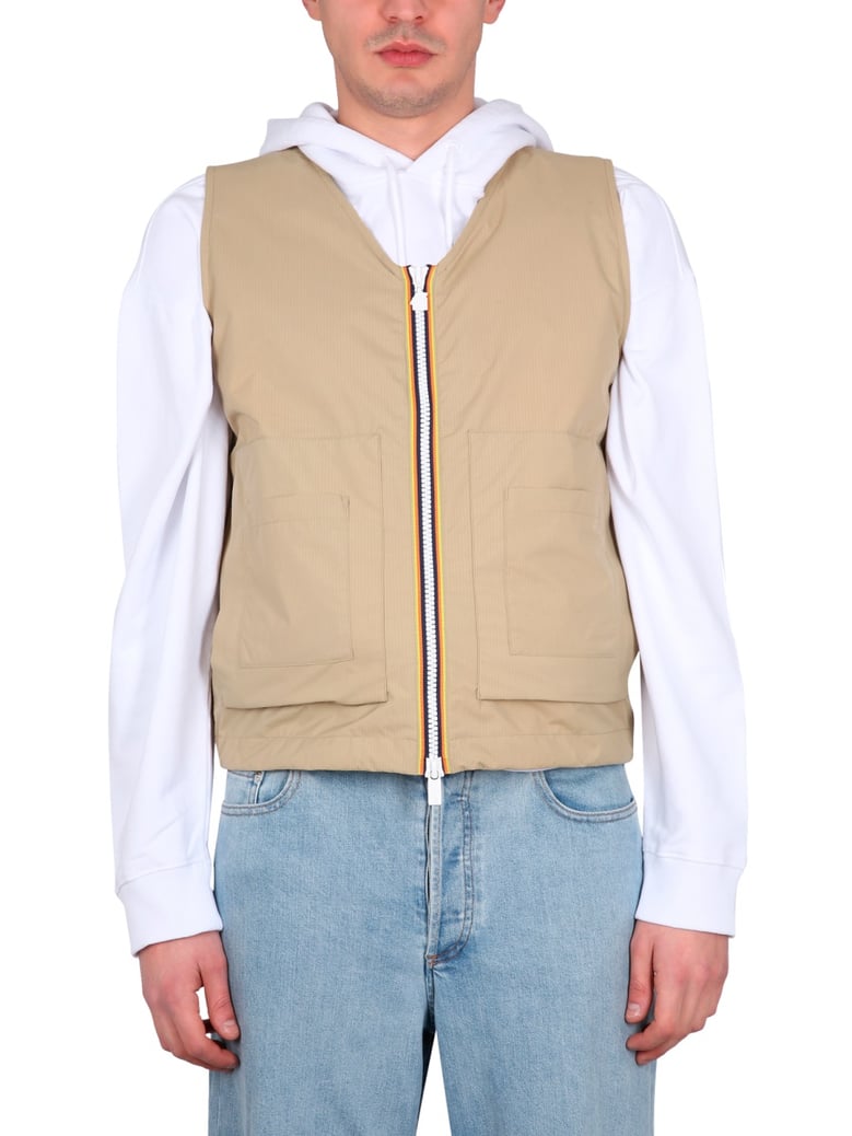 beige v-neck vest with zipper closure by Selfnex