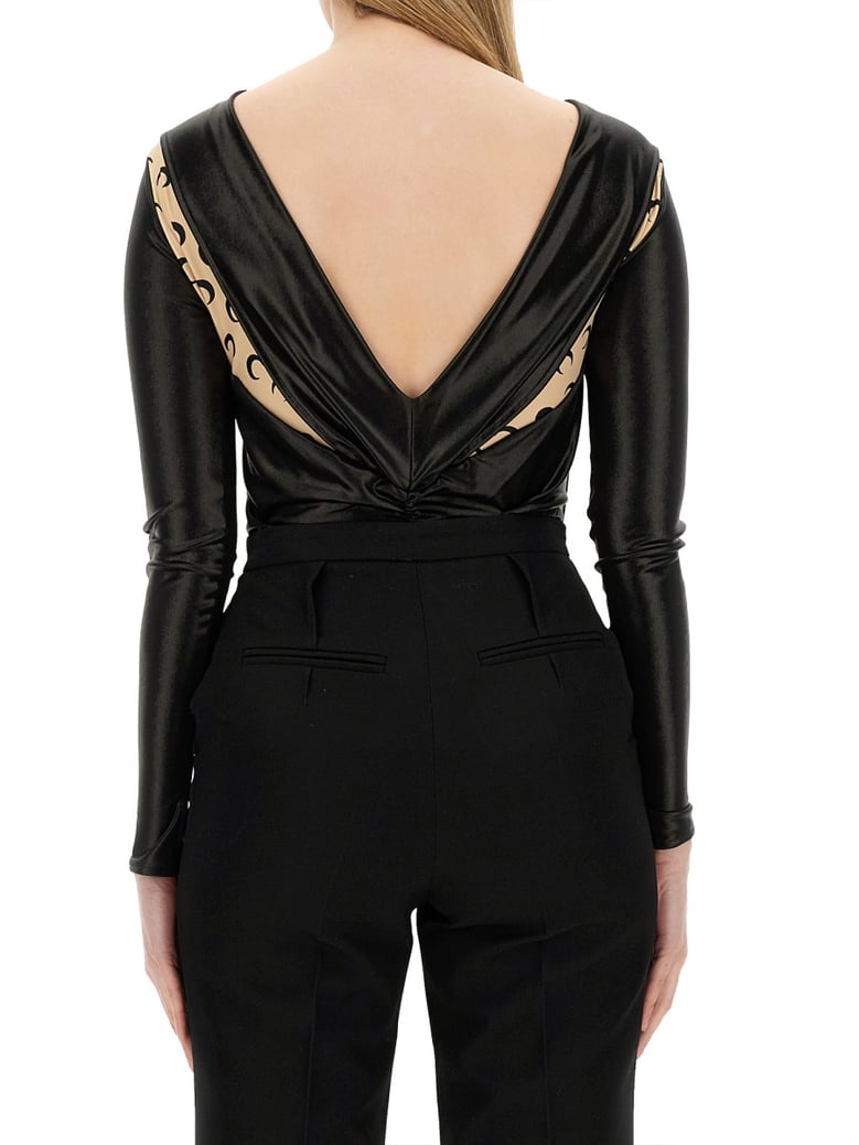 draped bodysuit in black by Selfnex